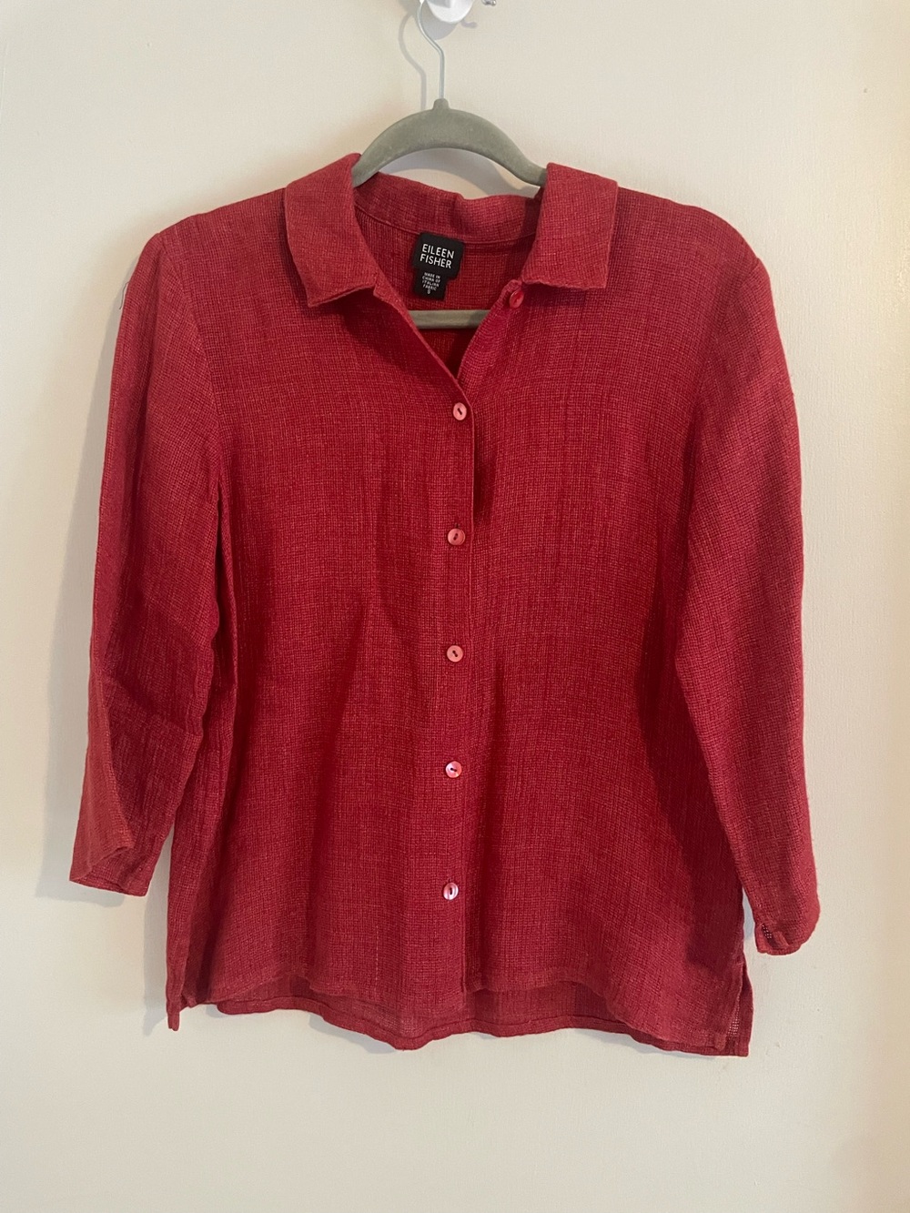 Eileen Fisher Red Linen Button Down Shirt Italian Fabric Collar Small 419